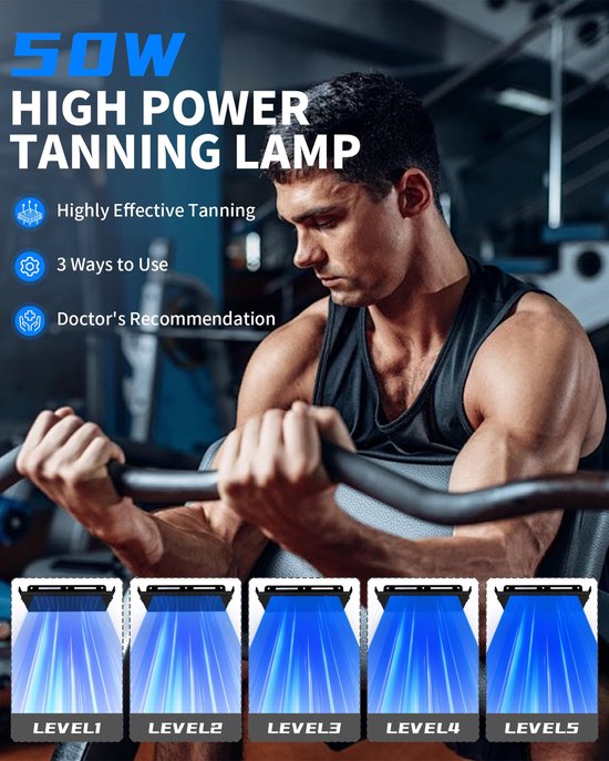 Man traint met halters, met tekst '50W HIGH POWER TANNING LAMP' en afbeeldingen van de lamp op 5 niveaus.