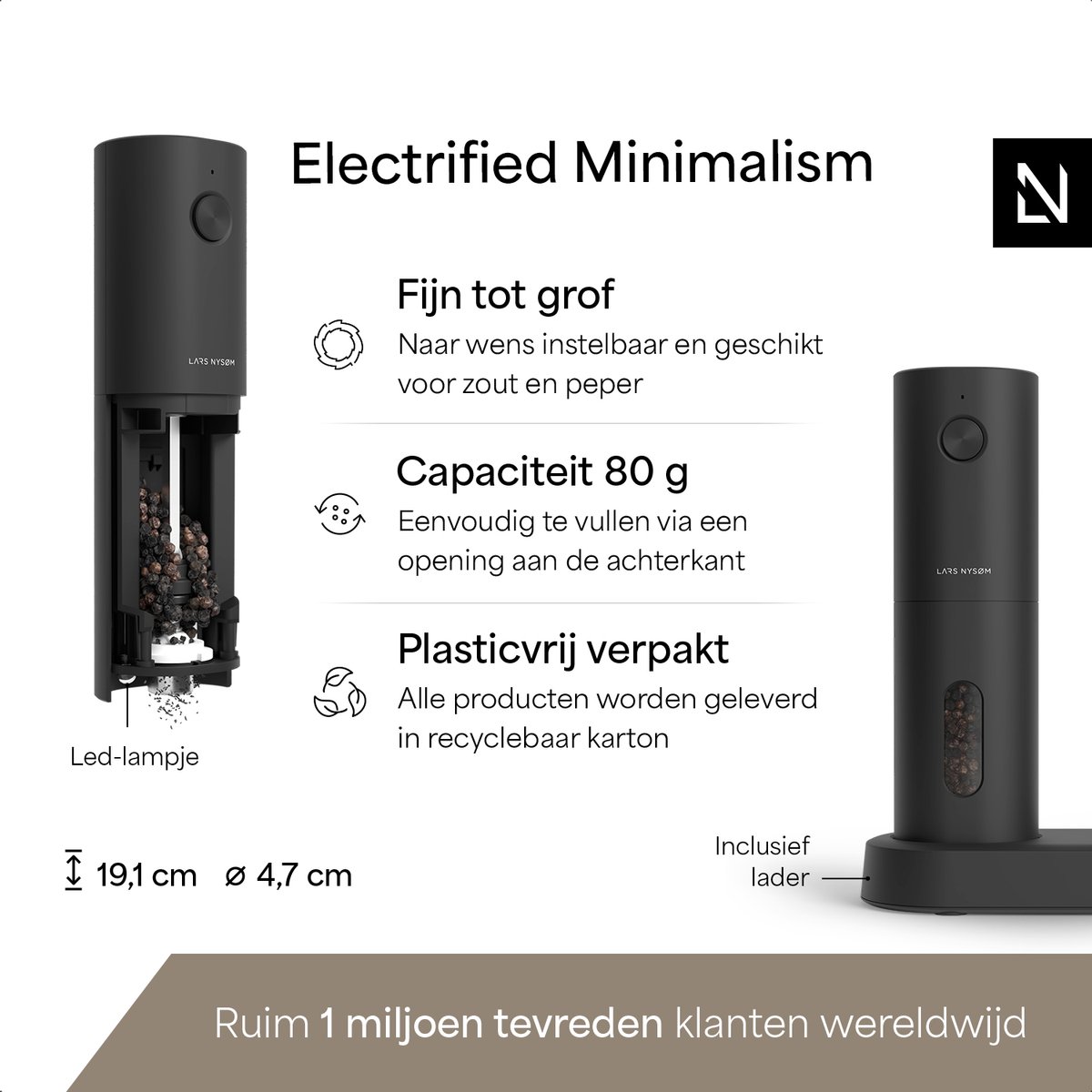 LARS NYSØM Elektrische Zout- en Pepermolen Set Spænding - 2-delige Set met verstelbaar keramisch maalwerk van grof tot fijn - Automatisch kruidenmolense (Carbon Black) — cadeau in Kookcadeaus - foto 3