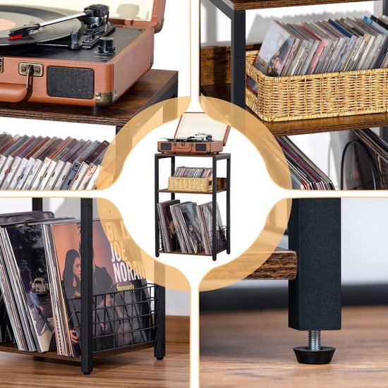 Collage van een bruin en zwart platenspeler meubel met platenspeler, boeken, LP's en verstelbare pootjes.