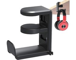 Headset Houder - Headset Haak - Hoofdtelefoon Hanger - Headset Standaard - Koptelefoon Houder voor onder Bureau - Hoofdtelefoon Hanger met Verstelbare & Roterende Arm Klem - Zwart - 1 Stuk