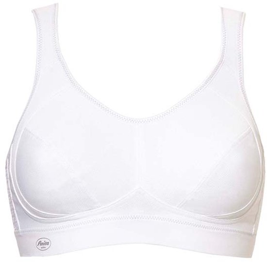 Witte sportbeha met v-hals en naden voor ondersteuning.