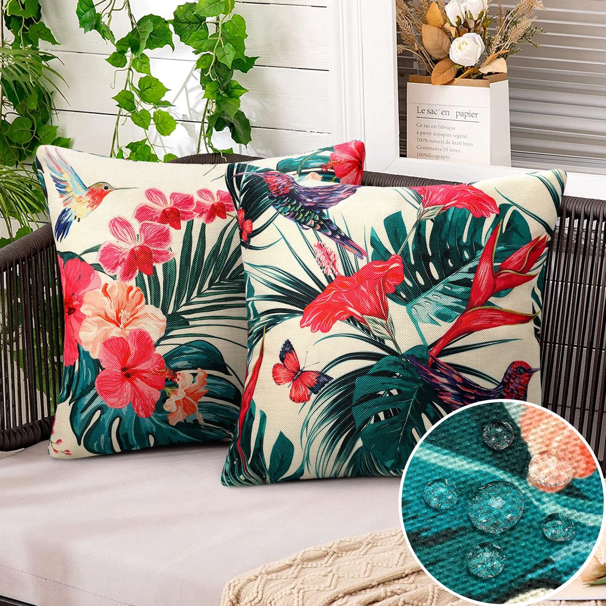Ibenzoa Set van 2 Waterdichte Kussenhoezen, 40 x 40 cm, Bloemmotief, Linnen, Zomerdecoratie Rode groene bloemen en bladeren