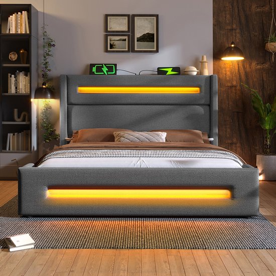 Gestoffeerd tweepersoonsbed 140 x 200 cm, LED, met lattenbodem, opbergruimte, Grijs