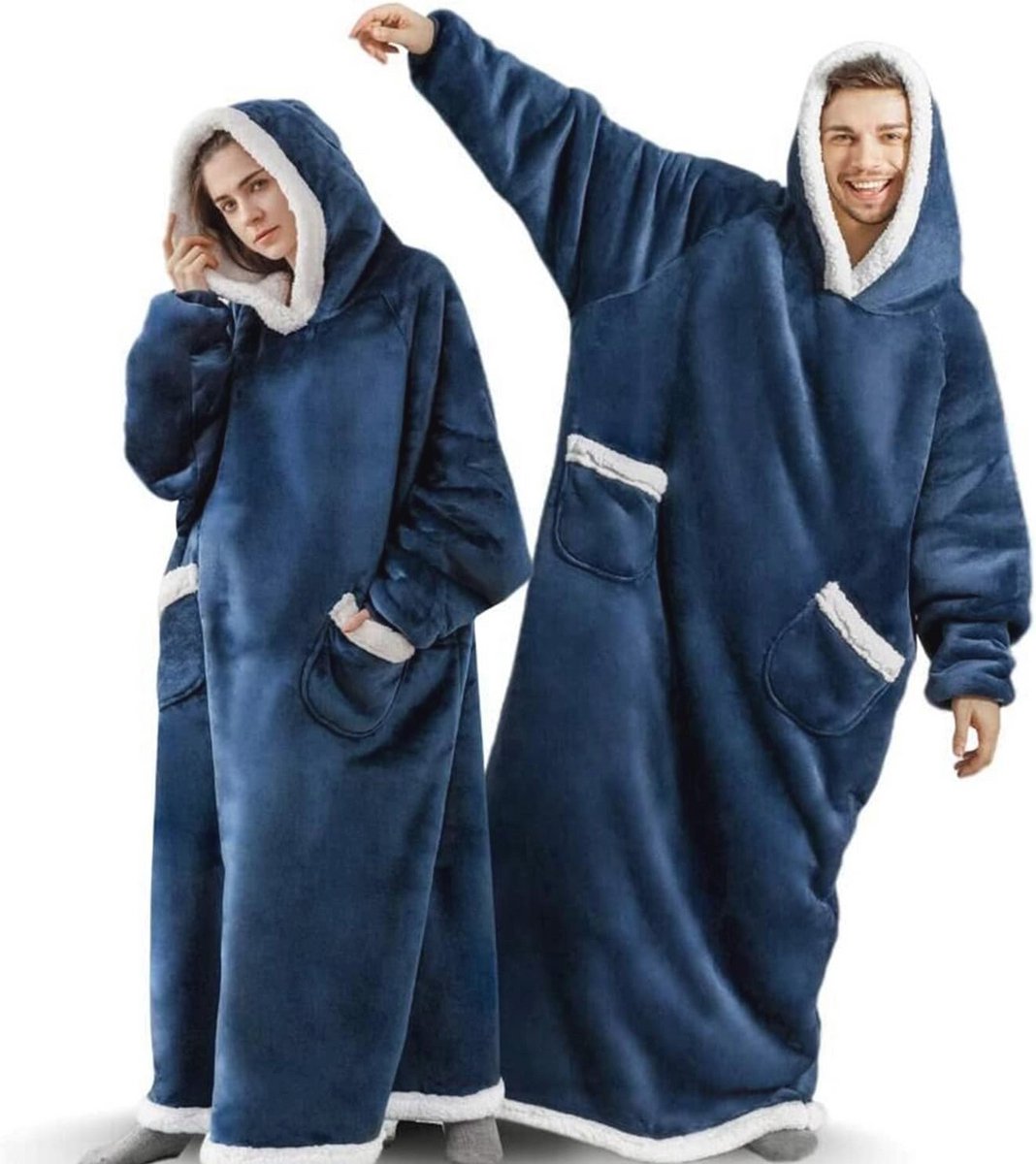 Extra lange hoodie deken sweatshirt voor alle seizoenen, super warme en comfortabele draagbare flanellen deken met mouwen en zakken, geschikt voor mannen en vrouwen, XXL/3XL – Blauw