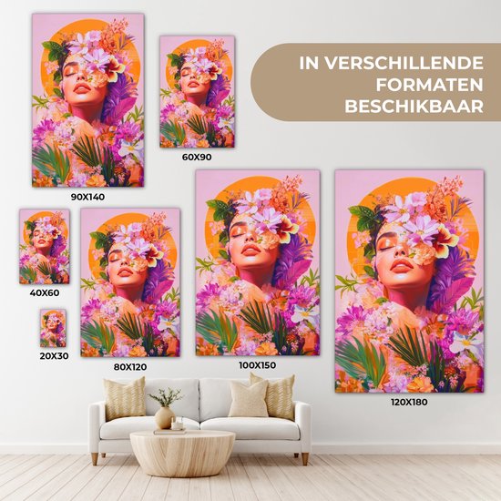 Tableau sur toile 80x120 cm - Décoration murale exclusive Femme - Abstrait - Cercle - Fleurs - Décoration murale salon - Décoration chambre - Accessoires chambre - Peintures sur toile