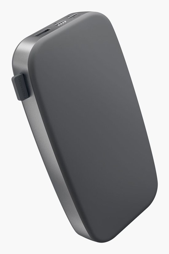 Donkergrijze powerbank met een slank, gebogen profiel en metalen rand.
