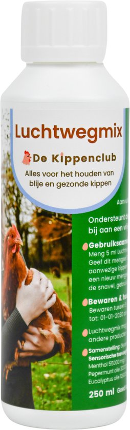 Bouteille avec "Luchtwegmix De Kippenclub". L'étiquette indique "Tout pour garder des poules heureuses et en bonne santé".