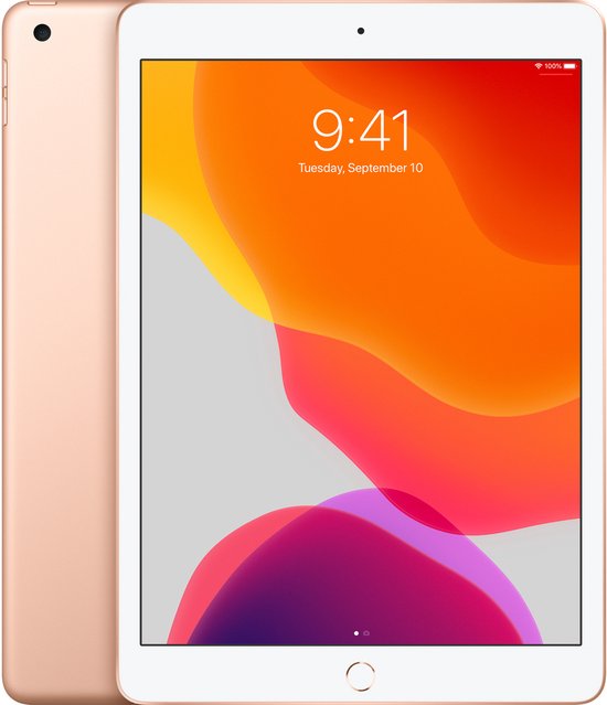 Gouden iPad (2019) met een 10,2-inch scherm. Het scherm toont '9:41 Dinsdag 10 september'.