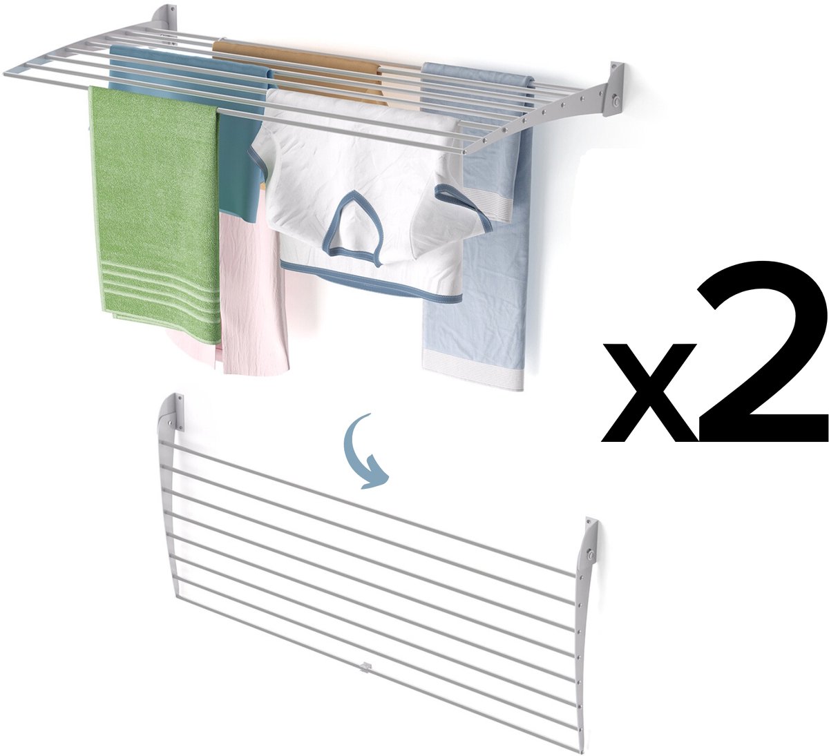 2x Foxydry Fold 100 DOWN - wasdroogrek wandmontage clicksysteem - neerwaartse sluiting - 100 x 50 x 10 cm