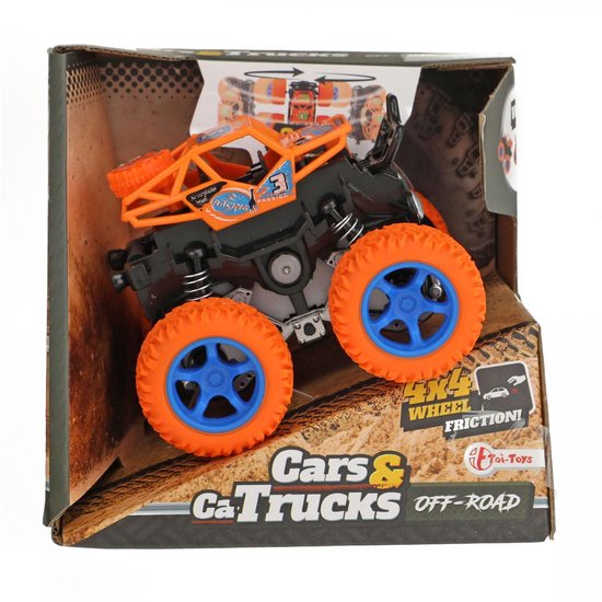Oranje monstertruck met grote off-road banden en blauwe velgen, in een 'Cars & Trucks Off-Road' verpakking.