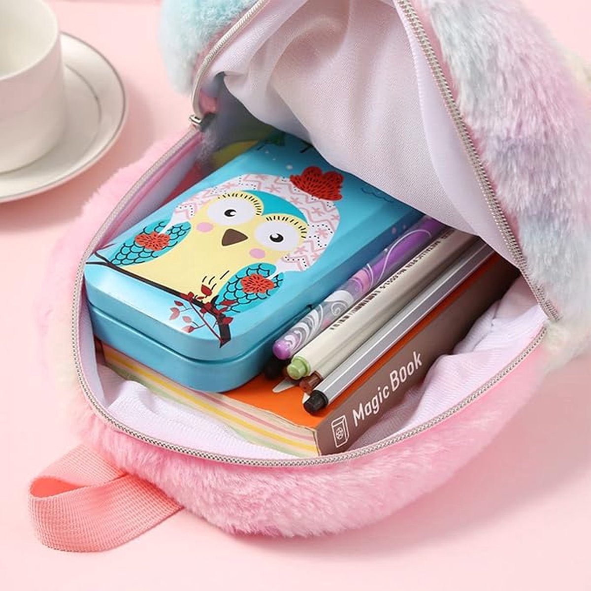 Joya Kids® Unicorn Rugzak Licht Roze met Regenboog Kuif | Fluffy Kinderrugzak | Eenhoorn Backpack | Grote Ogen | Regenboog Eenhoorn – foto 4