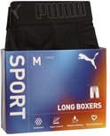 Verpakking van twee zwarte Puma lange boxershorts, met vermelding van 'SPORT' en kenmerken.