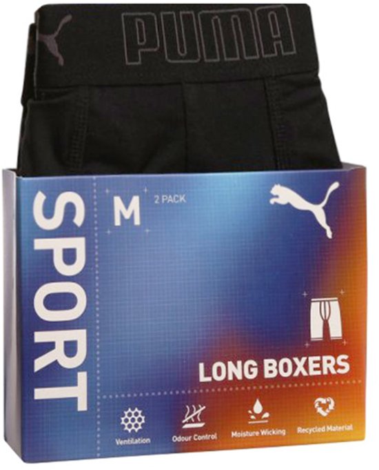 Verpakking van twee zwarte Puma lange boxershorts, met vermelding van 'SPORT' en kenmerken.