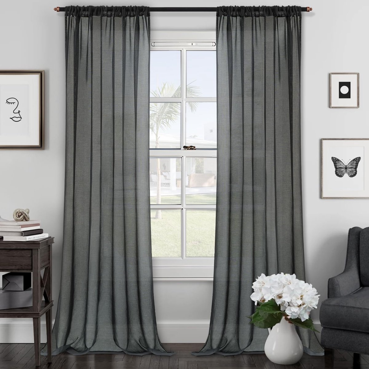 Ibenzoa Elegante Halftransparante Linnenlook Gordijnen met Oogjes voor Diverse Ruimtes, 225 x 140 cm, Set van 2 Stuks antraciet