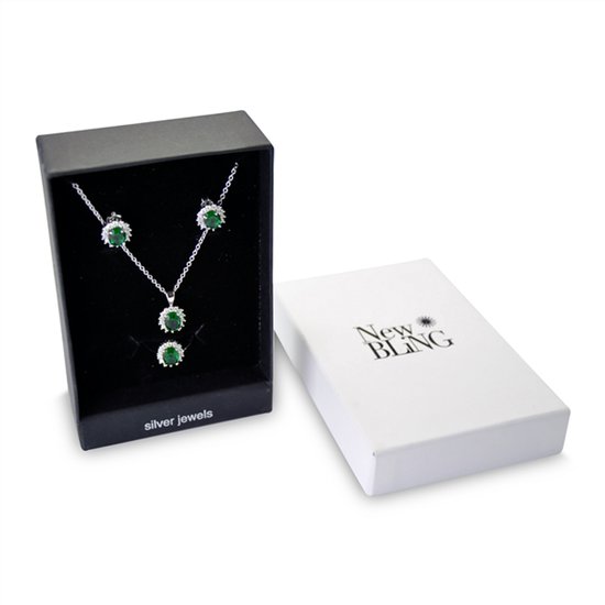 New Bling Gift Set 9NB SET010 54 Bijoux Gift Set - Boucles d' Boucles d'oreilles en argent 6x8 mm Collier 40 + 5 cm Taille de Ring 54 - Solitaire Zirconia stone - Argenté / Vert