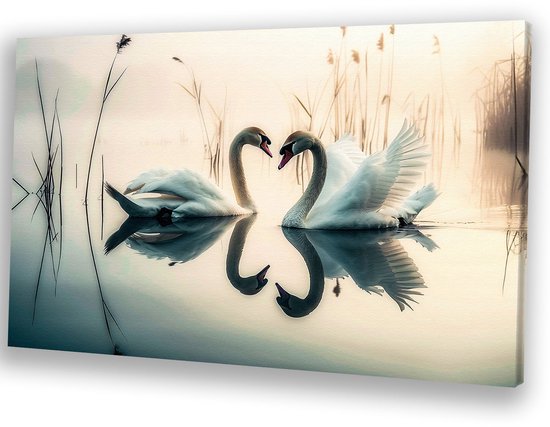 Zwanen in rustgevende natuur - Zwanen muurdecoratie - Canvas schilderij dieren - Realistische kunst - Wanddecoratie landelijk - Slaapkamer muurdecoratie - canvas 100x75 cm