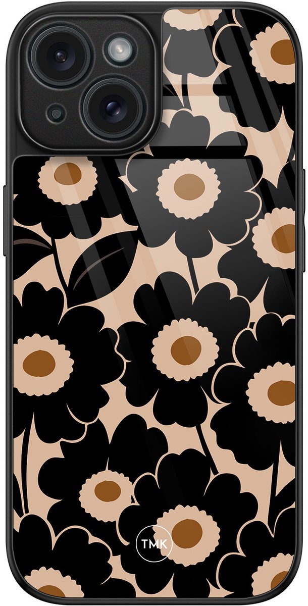Hoesje geschikt voor Apple iPhone 15 - Bloom luxe - Zwart - TPU luxe case (glossy toplaag) - Bloemen - Hardcase backcover zwart