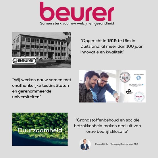 Collage met Beurer logo, gebouw, mannen die samenwerken, bossen en tekst over bedrijfswaarden en geschiedenis.