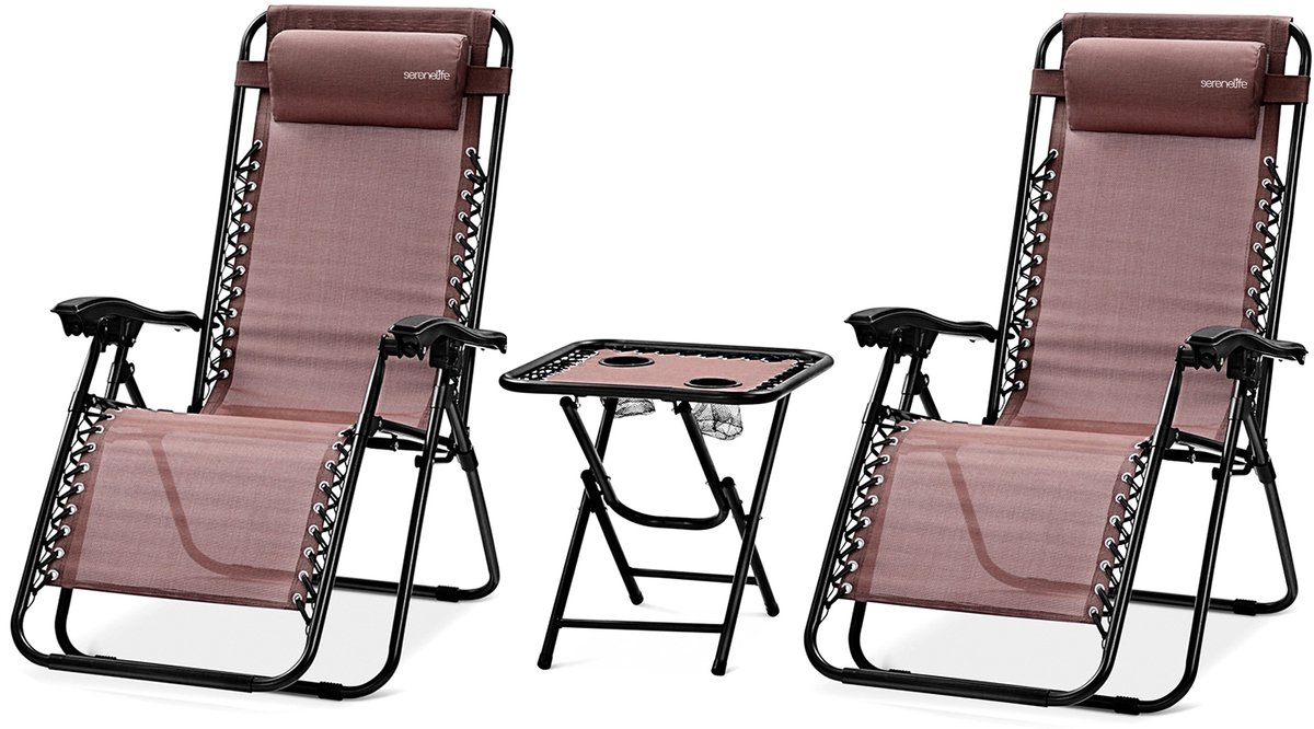 SereneLife Ligstoel set van 2 – Verstelbare Buitenkamerstoel met Afneembaar Bekerhouderblad en Zijtafel en 2 Bekerhouders – Inklapbare Relaxstoel met Verwijderbare Kussens