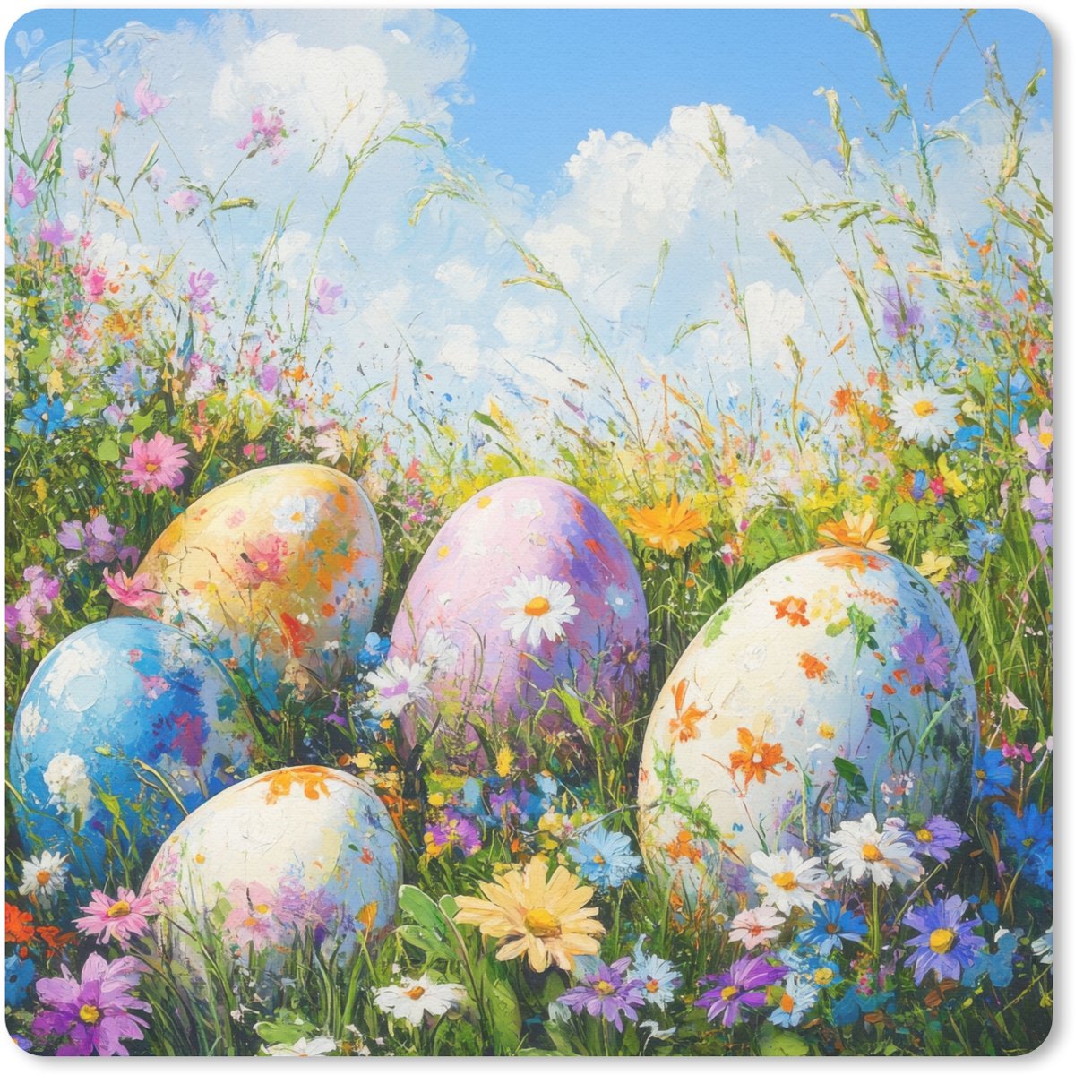 Muismat 20x20 cm - Mousepad Grasveld - Eieren - Bloemen - Muismatten