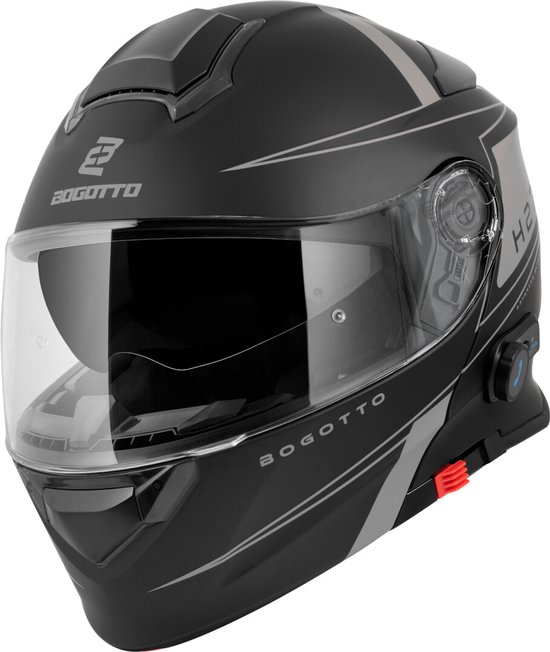 Casque Bogotto H271 noir avec lignes grises, visière et module Bluetooth.