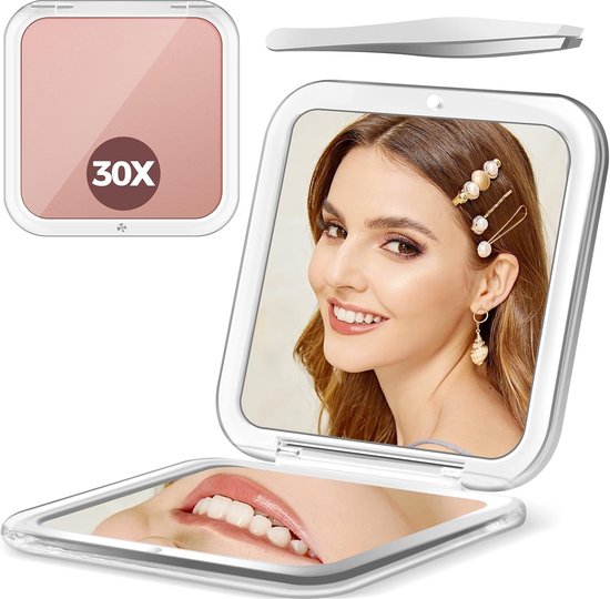 30x Vergrootspiegel Met Licht, Grote 15Cm 3 Kleuren Dimmen Verlicht Met 3 Zuignappen, Reizen Licht Up Hoge Vergroting Make-up Spiegel Met Pincetten Schaar