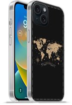 Telefoonhoesje Geschikt voor iPhone 15 hoesje - Wereldkaart - Beige - Zwart - Siliconen Telefoonhoesje Telefoonhoesje