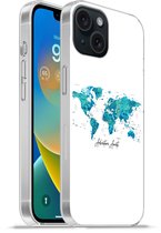 Telefoonhoesje Geschikt voor iPhone 15 hoesje - Wereldkaart - Blauw - Kleurrijk - Siliconen Telefoonhoesje Telefoonhoesje