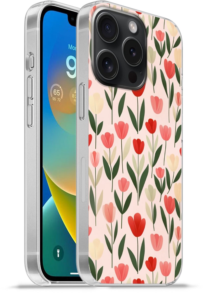 Telefoonhoesje Geschikt voor iPhone 15 Pro hoesje - Tulpen - Modern - Roze - Siliconen Telefoonhoesje Telefoonhoesje