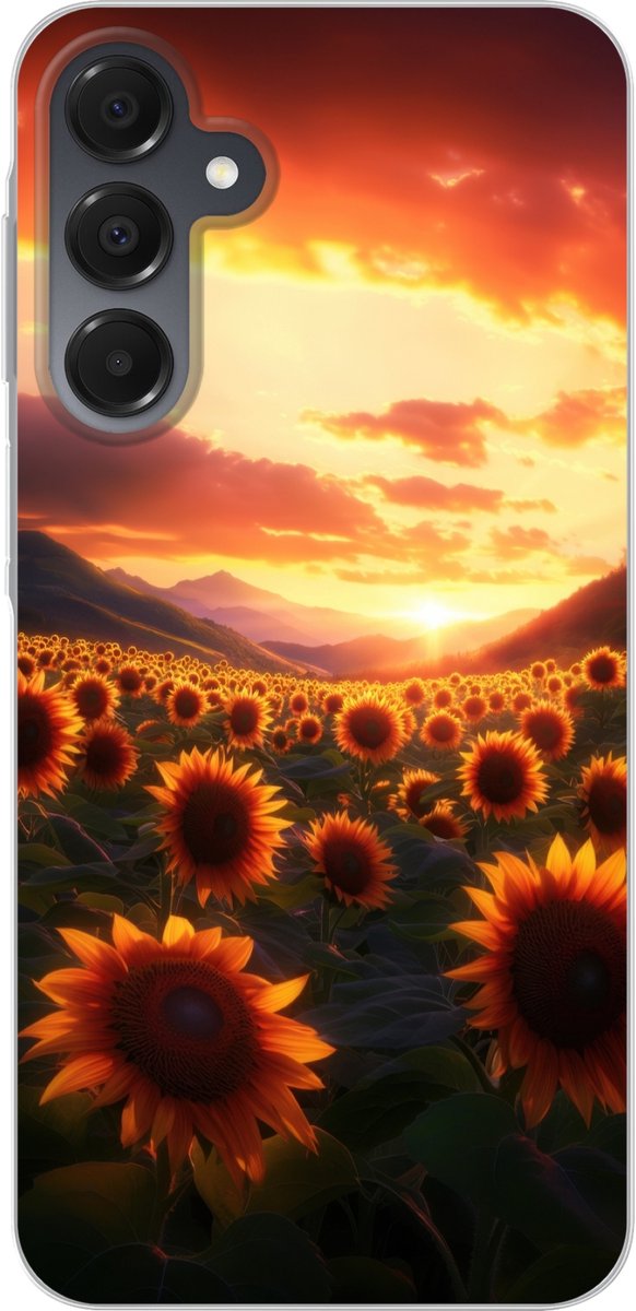 Telefoonhoesje Geschikt voor Samsung Galaxy A16 5G hoesje - Zonnebloemen - Zonsondergang - Landschap - Siliconen Telefoonhoesje Telefoonhoesje