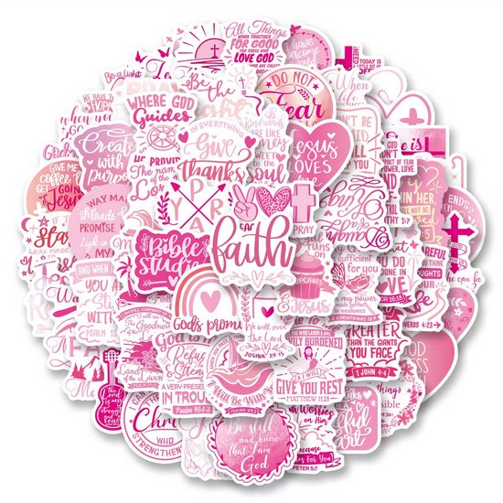 Kleurrijke set roze stickers met religieuze teksten en symbolen zoals harten, engelen en kruisen.