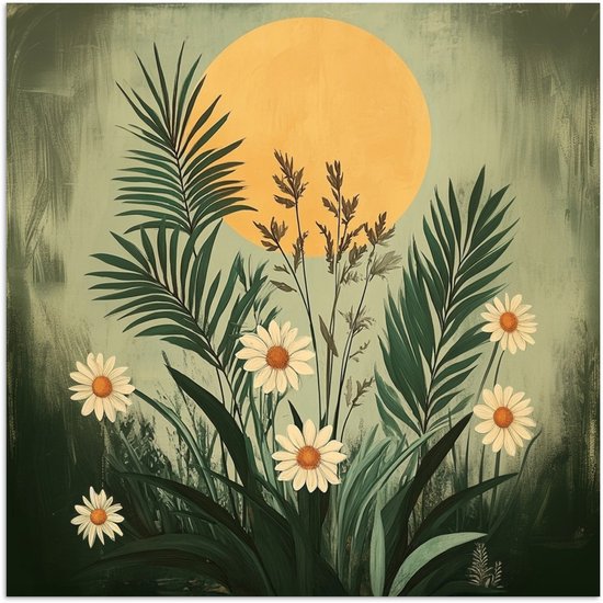 Affiche 50x50 cm - Fleurs - Feuilles - Soleil - Vert - Posters - Décoration chambre - Décoration murale salon - Décoration murale chambre