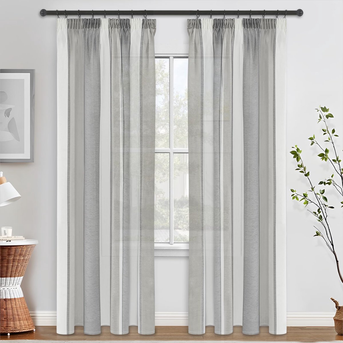 Ibenzoa Stijlvolle Halftransparante Gordijnenset met Plooiband voor Moderne Interieurs - 225 cm Lang, Gestreept Design, Donkergrijs, Grijs en Wit, Set van 2