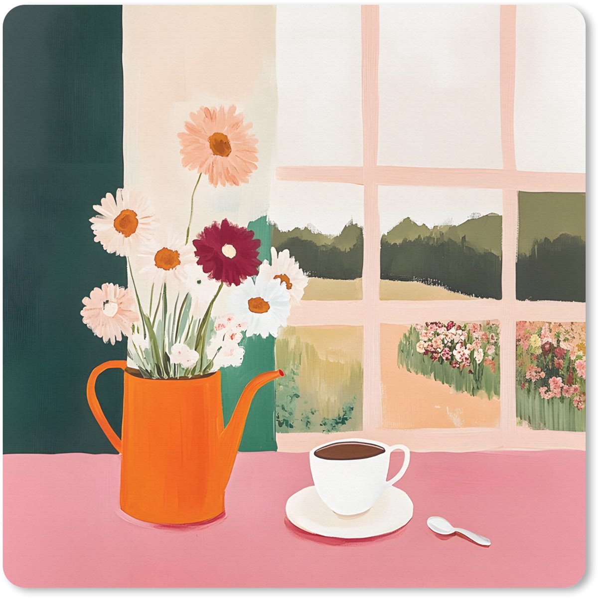 Muismat 30x30 cm - Mousepad Bloemen - Koffie - Raam - Muismatten