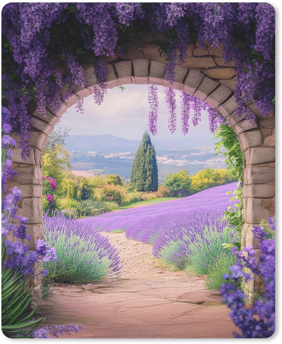 Muismat 19x23 cm - Mousepad Doorkijk - Lavendel - Bloemen - Paars - Poort - Muismatten
