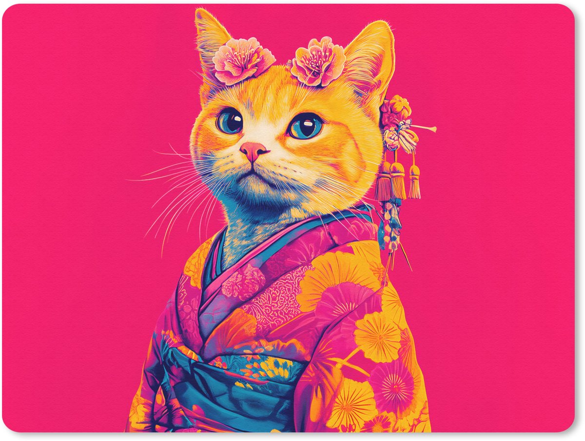 Muismat 23x19 cm - Mousepad Kat - Kimono - Bloemen - Roze - Muismatten