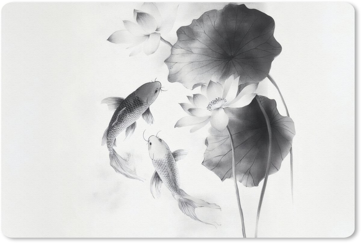 Muismat 27x18 cm - Mousepad Lotusbloemen - Vissen - Bladeren - Zwart - Muismatten