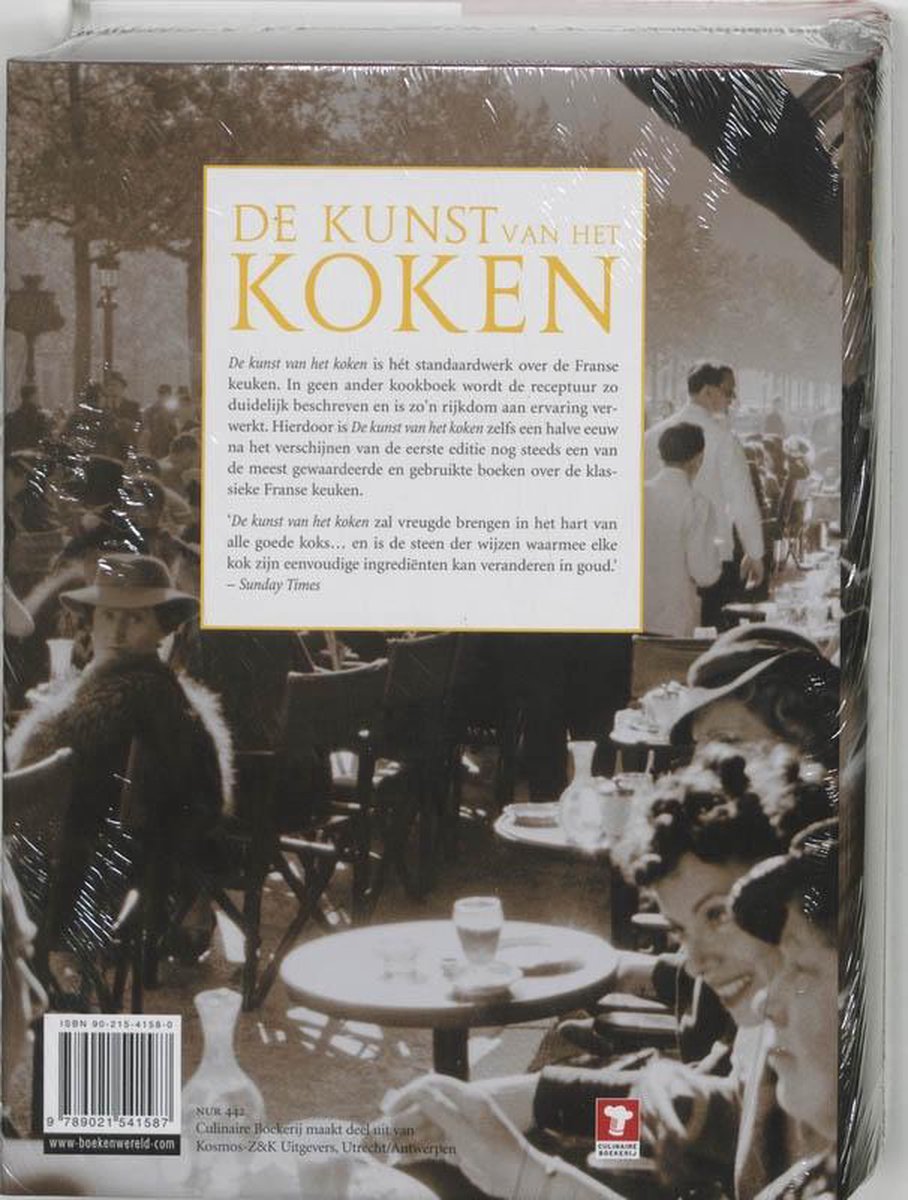 Achterkant van het boek 'De kunst van het koken' met een foto van een terras.