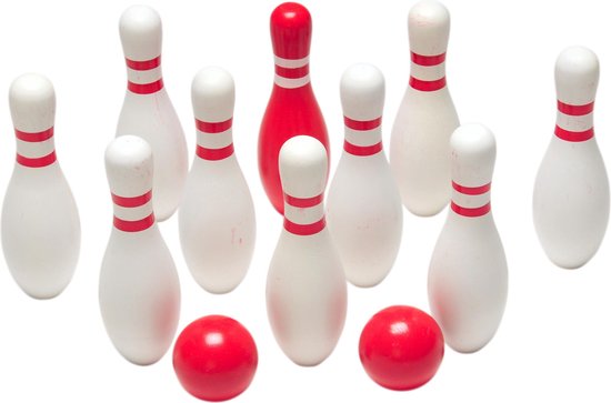 BS Toys Bowling Kegelspel - Hout - Speelgoed Set Kinderen vanaf 4 Jaar - Rood & Wit - 10 Kegels