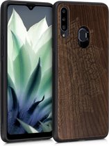 kwmobile telefoonhoesje compatibel met Samsung Galaxy A20s - Hoesje met bumper in donkerbruin - walnoothout - Opkomende Zon design