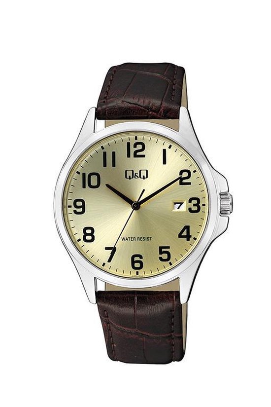 montre pour hommes claire Q&Q avec affichage de la date et bracelet en cuir marron A480J303Y