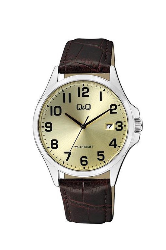 Q&Q A480J303Y - Horloge - Analoog - Mannen - Heren - leren band - Rond - Staal - Cijfers - Datumaanduiding - Bruin - Zilverkleurig - Champagne