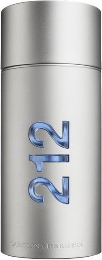 Zilverkleurige parfumfles met blauwe '212' details op de voorkant. 'Carolina Herrera' onderaan.