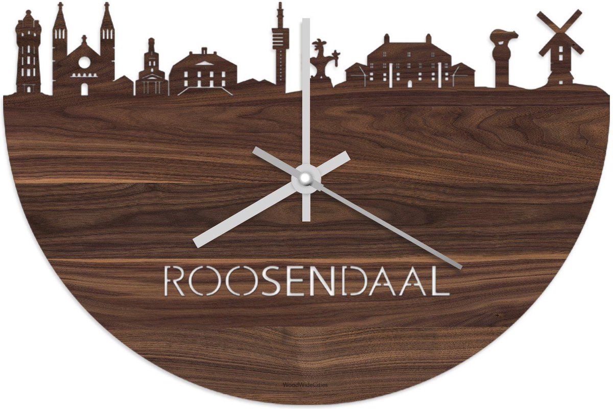 Skyline Klok Roosendaal Notenhout - Ø 40 cm - Stil uurwerk - Wanddecoratie - Meer steden beschikbaar - Woonkamer idee - Woondecoratie - City Art - Steden kunst - Cadeau voor hem - Cadeau voor haar - Jubileum - Trouwerij - Housewarming -