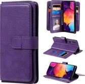 Voor Samsung Galaxy A50 multifunctionele magnetische koperen gesp horizontale flip effen kleur lederen tas met 10 kaartsleuven & portemonnee & houder & fotolijst (paars)