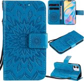 Voor iPhone 12 Geperst afdrukken Zonnebloempatroon Horizontale flip PU lederen hoeshouder & kaartsleuven & portemonnee & lanyard (blauw)