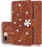 Voor iPhone 7 Plus / 8 Plus Kalfspatroon Diamant Mandala Dubbel vouwend ontwerp Reliëf lederen hoes met portemonnee & houder & kaartsleuven (bruin)