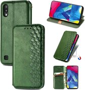 Voor Samsung Galaxy M10 Cubic Grid Pressed Horizontal Flip Magnetic Leather Case met houder & kaartsleuven & portemonnee (groen)