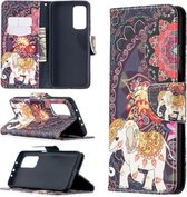 Voor Xiaomi Mi 10T / 10 Pro 5G Gekleurd tekeningpatroon Horizontale flip lederen tas met houder & kaartsleuven & portemonnee (bloemen en olifant)