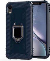 Voor iPhone XS Max koolstofvezel beschermhoes met 360 graden roterende ringhouder (blauw)